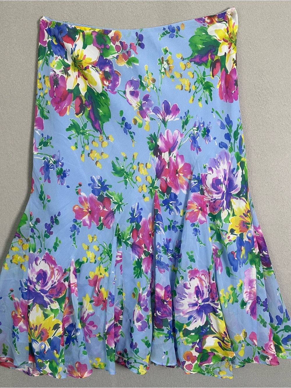 Ralph Lauren Light Blue Floral Silk Skirt with Multicolor Blooms